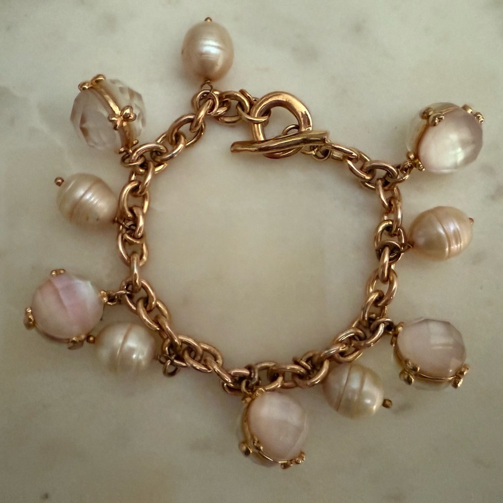 Honora Freshwater Pearl & Rose Quartz Bronze Bracelet - made in Italy 7”